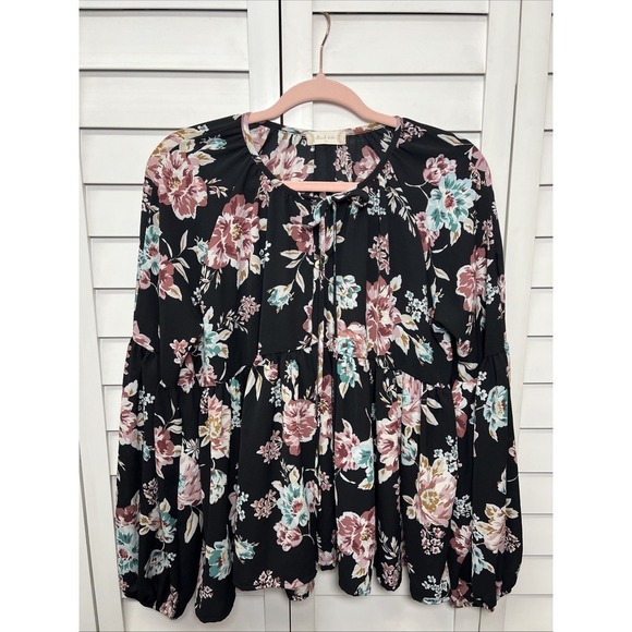 Altar'd State Floral Balloon Sleeve Tie Neck Tiered Babydoll Top Size Medium - Picture 1 of 9